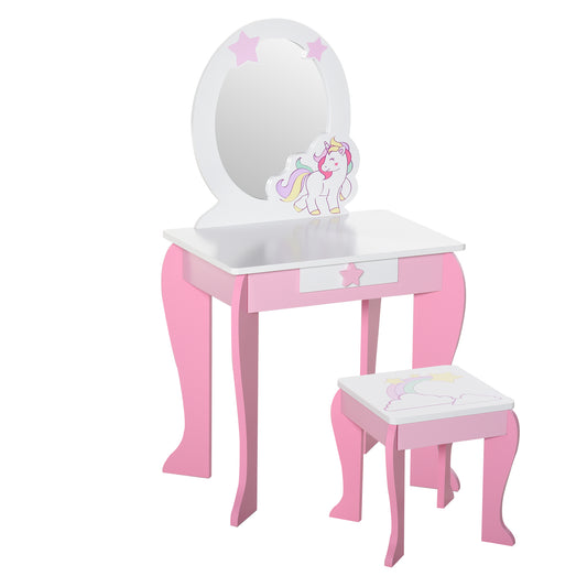 Photo of HOMCOM Kids Dressing Table with Mirror, Stool, Pink in Pink colour on a white background