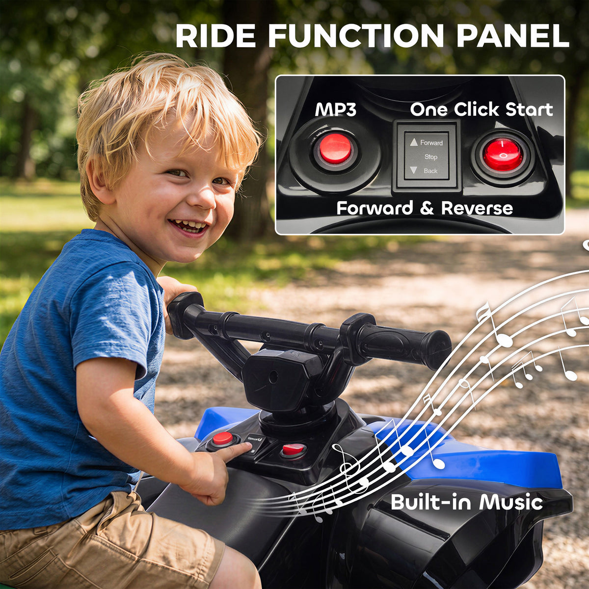 AIYAPLAY 6V Kids ATV, 4 Wheeler Electric Ride on Car with Music and LED Headlights, for Ages 18-56 Months Boys and Girls, Blue