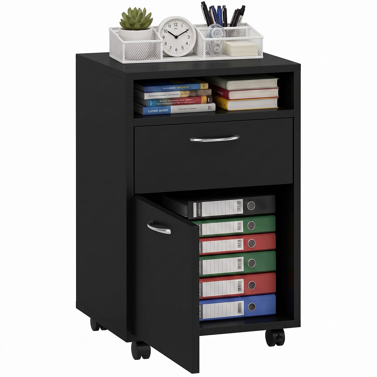 Black mobile file cabinet with open shelf and two drawers, one open with flat file folders.
