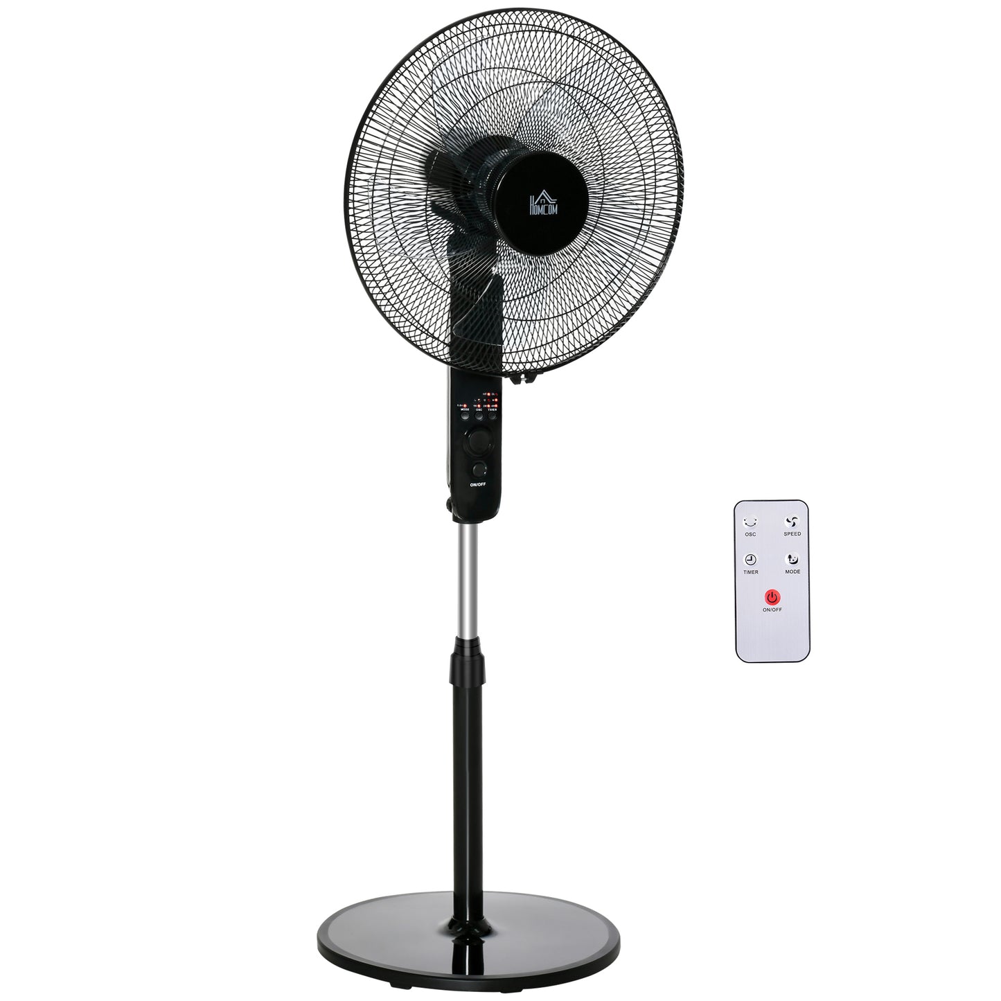 Photo of HOMCOM 18" Pedestal Fan, Oscillating Standing Fan with Remote Control, Floor Fan with Adjustable Height, 3 Speed, 7.5-Hour Timer, Black in Black colour on a white background