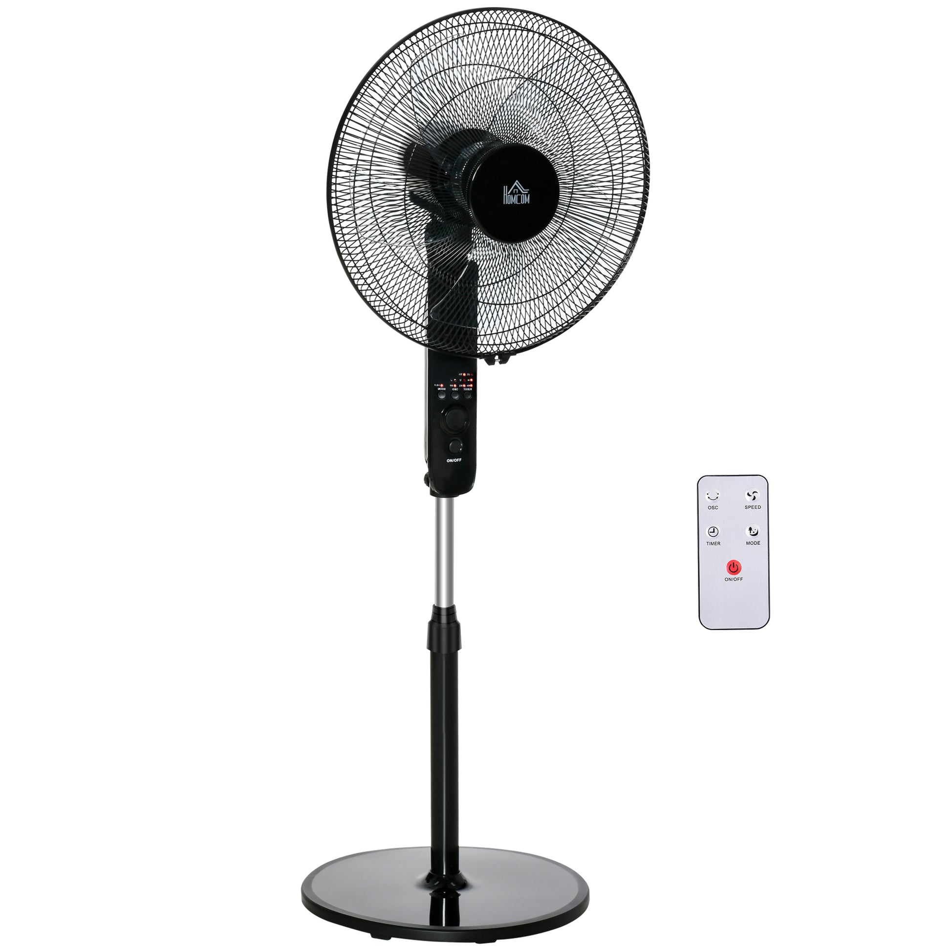 Photo of HOMCOM 18" Pedestal Fan, Oscillating Standing Fan with Remote Control, Floor Fan with Adjustable Height, 3 Speed, 7.5-Hour Timer, Black in Black colour on a white background