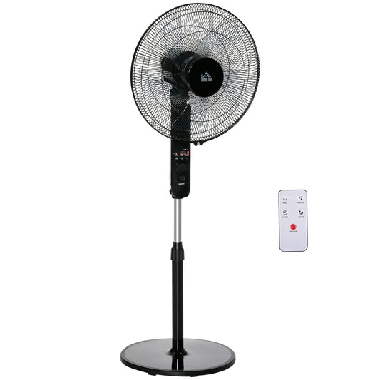 Photo of HOMCOM 18" Pedestal Fan, Oscillating Standing Fan with Remote Control, Floor Fan with Adjustable Height, 3 Speed, 7.5-Hour Timer, Black in Black colour on a white background