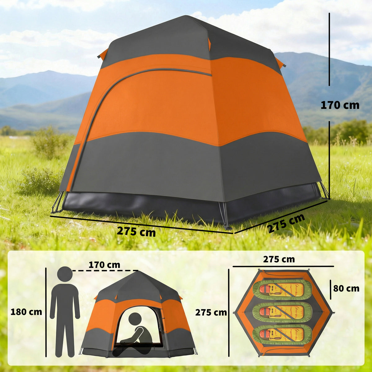 Outsunny 3 Man Instant Pop Up Tent with Rainfly, Portable Camping Shelter with Sewn-in Groundsheet, Carry Bag, Orange