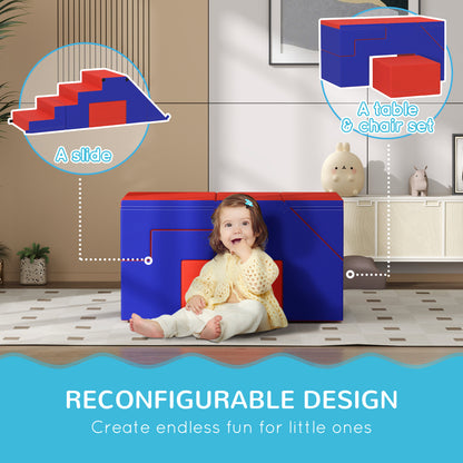 HOMCOM blue and red foam play set arranged as a climbing structure and table with a block seat