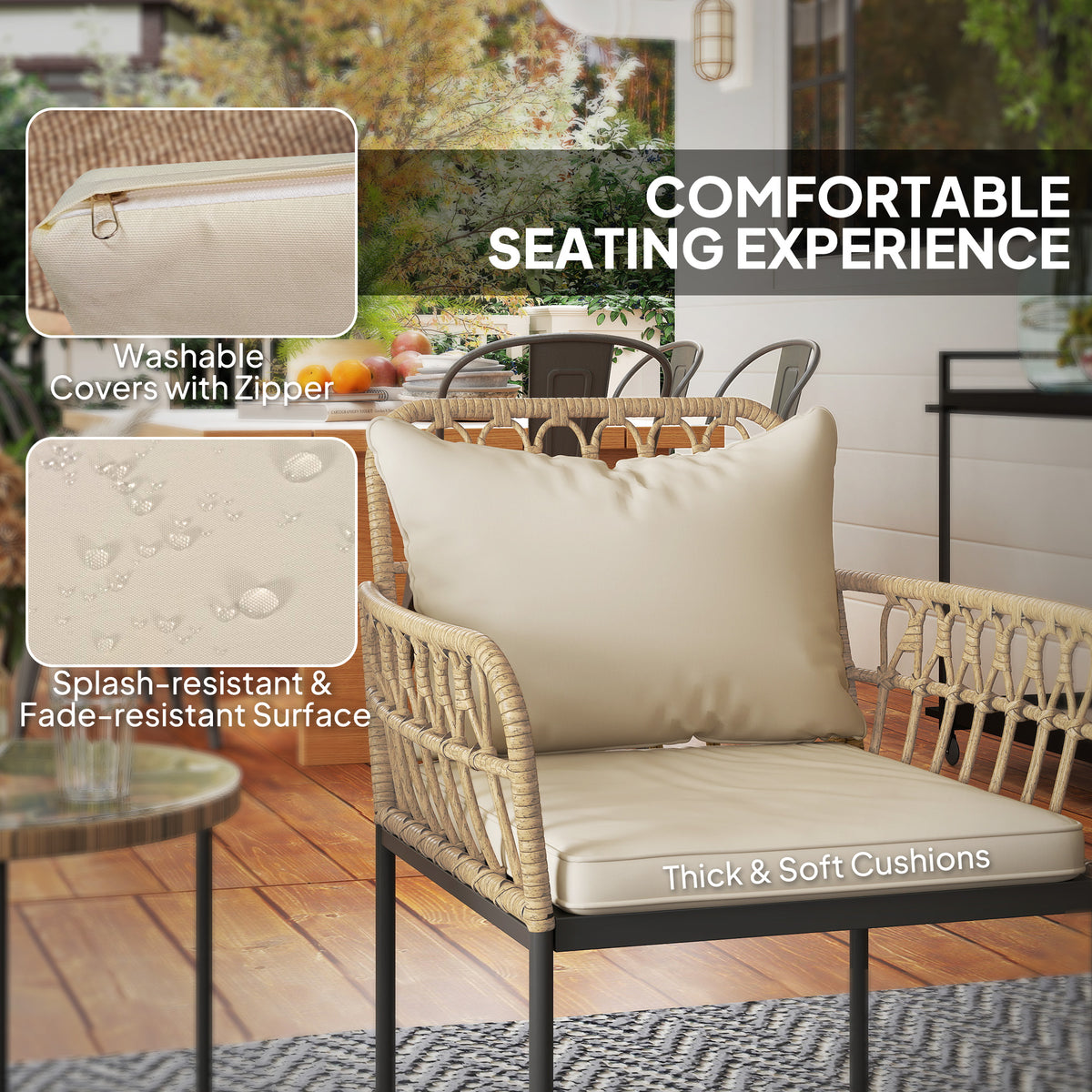Outsunny 3 Piece Rattan Bistro Set, Wicker Garden Furniture Set with Cushions, Glass Top Coffee Table and Chairs for Outdoor, Patio, Balcony, Beige