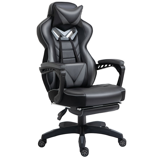 Photo of Vinsetto Computer Gaming Chair, Racing Desk Chair with Lumbar Support and Footrest, PU Leather Gamer Chair with Headrest and Swivel Wheels for Home, Grey in Grey colour on a white background