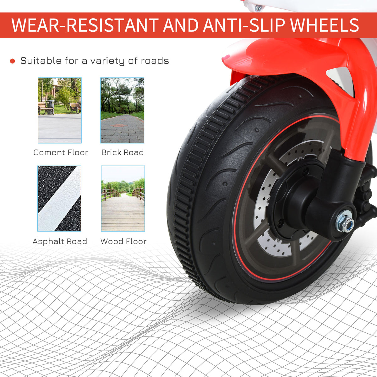 HOMCOM ride-on motorcycle with a close-up of its thick, grooved front tire