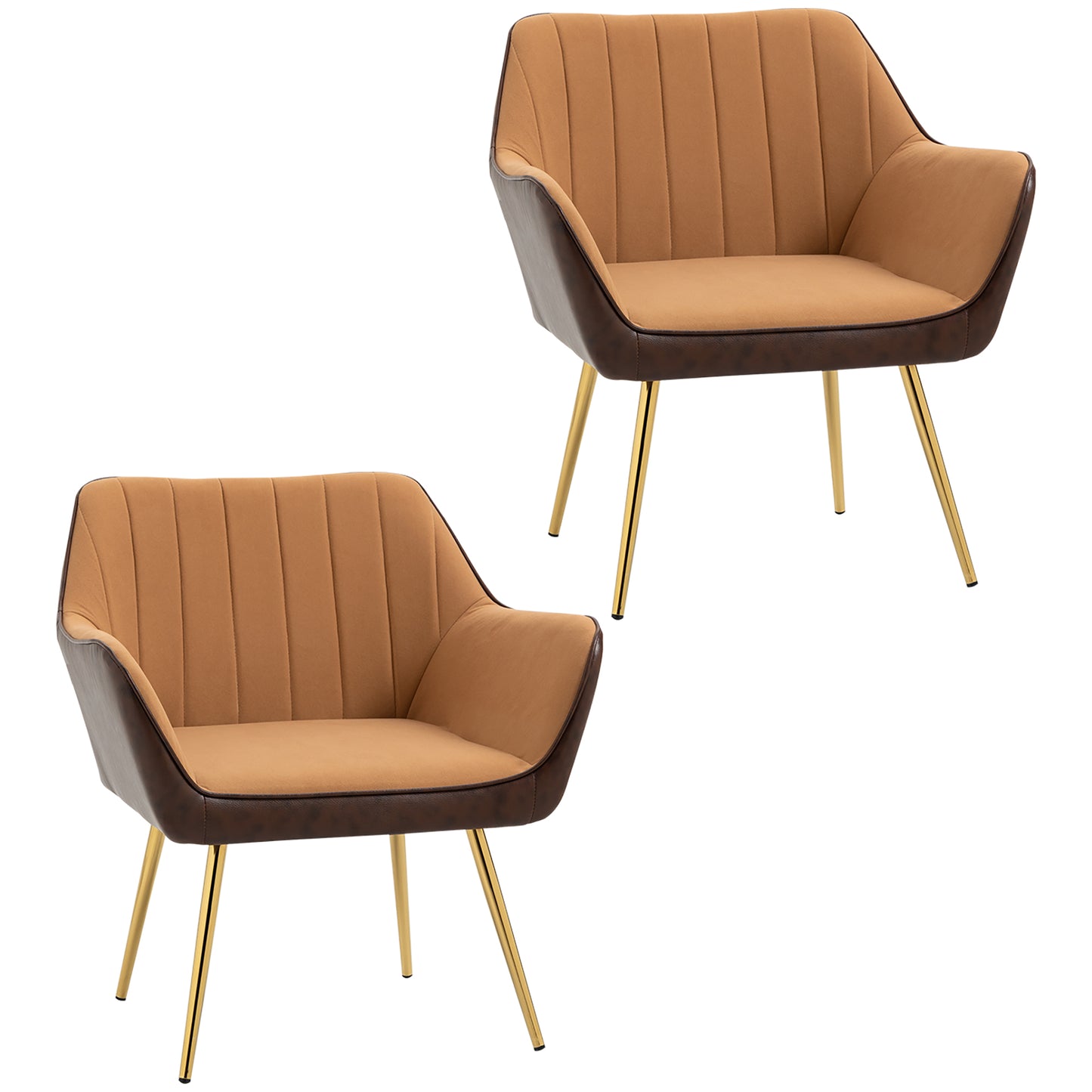 Photo of HOMCOM Velvet Armchairs, Upholstered Accent Chairs with Golden Steel Legs, Modern Vanity Chairs for Living Room and Bedroom, Set of 2, Light Brown in Brown colour on a white background