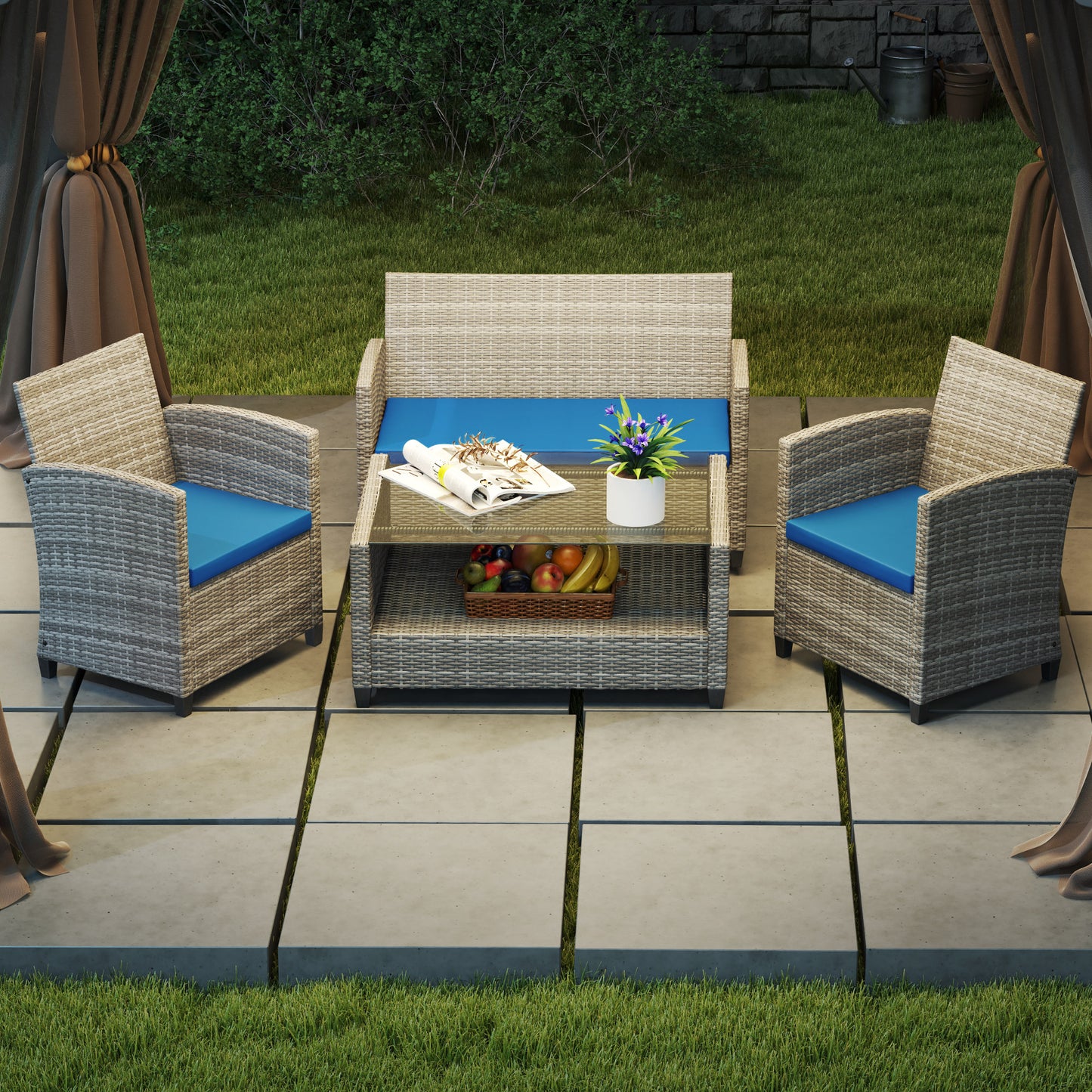 Outsunny Outdoor Seat Cushion Pads for Rattan Furniture, 3 PCs Garden Furniture Cushions,  Sky Blue