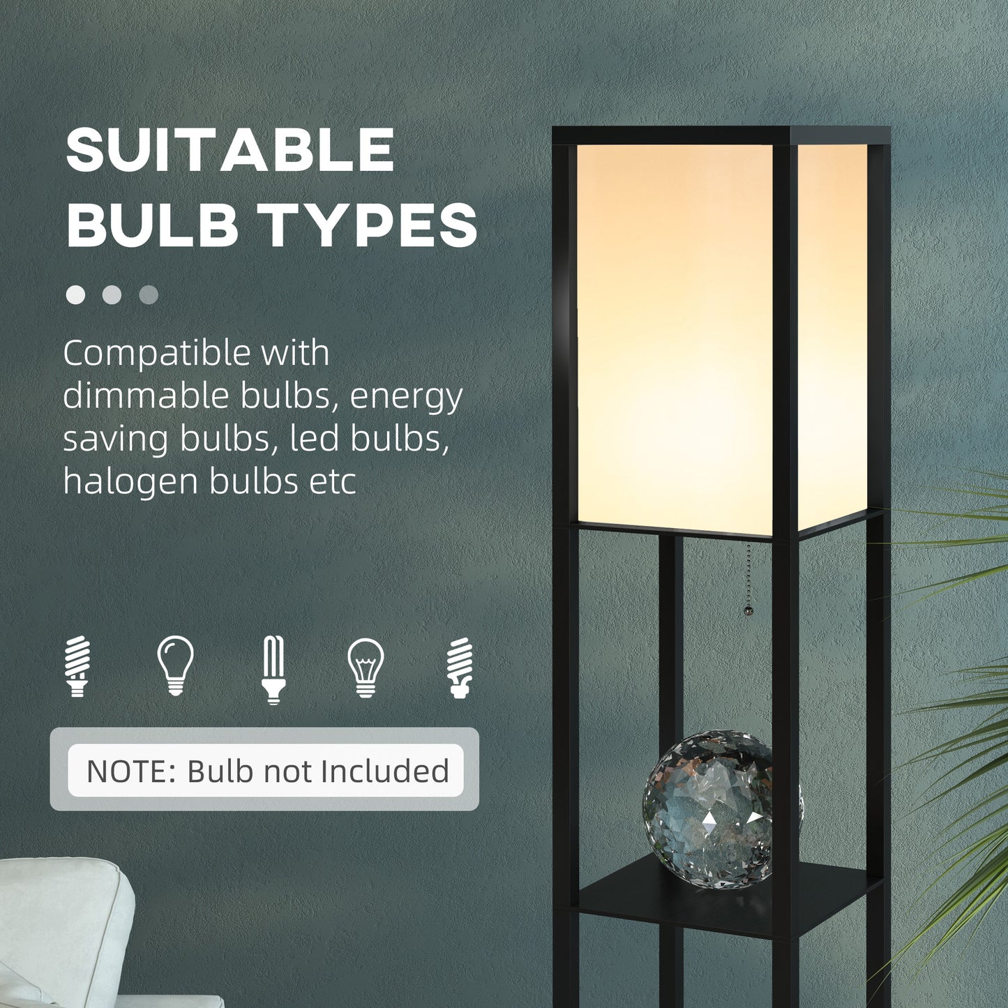 HOMCOM 3-Tier Floor Lamp with Shelves and Storage, Modern Standing Lamp with Lampshade, Reading Light with Chain Switch for Living Room, Bedroom, Home Office, Bulb not Included, Black