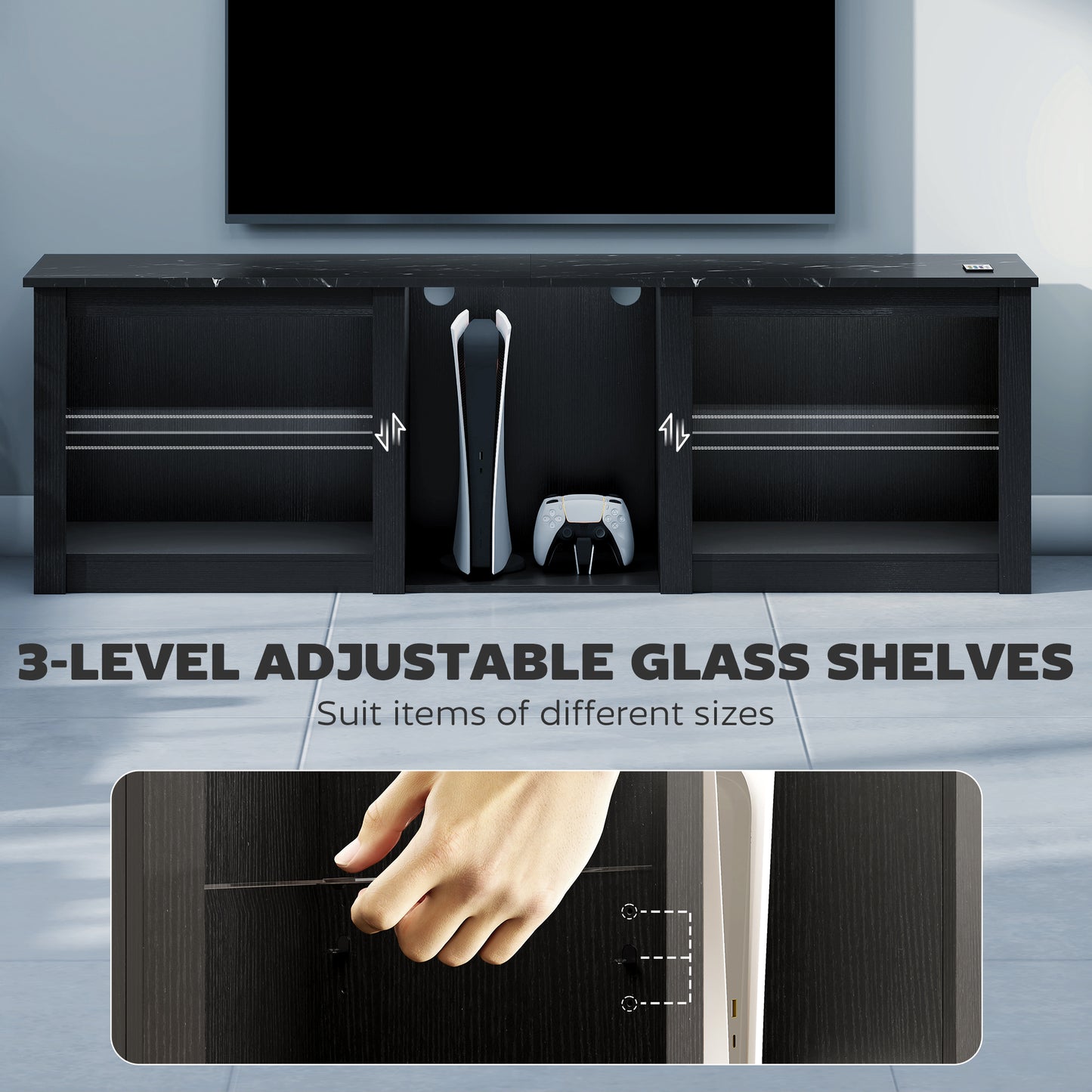 HOMCOM 65" TV Stand, with LED Lights and Storage - Black