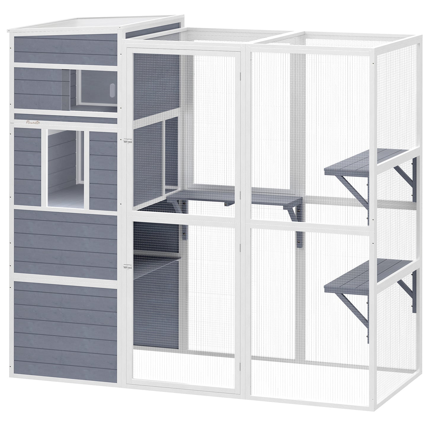 Photo of PawHut 4-Tier Wooden Catio Cat Outdoor Enclosure with Sun Roof, Resting Rooms, 3 Platforms, Window Outdoor Indoor, Grey in Grey colour on a white background