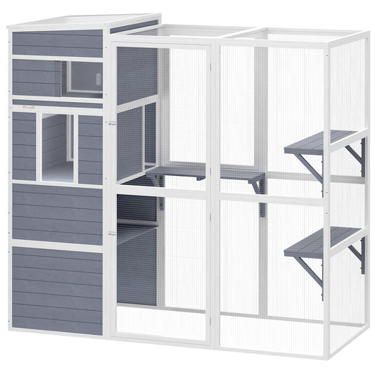 Photo of PawHut 4-Tier Wooden Catio Cat Outdoor Enclosure with Sun Roof, Resting Rooms, 3 Platforms, Window Outdoor Indoor, Grey in Grey colour on a white background