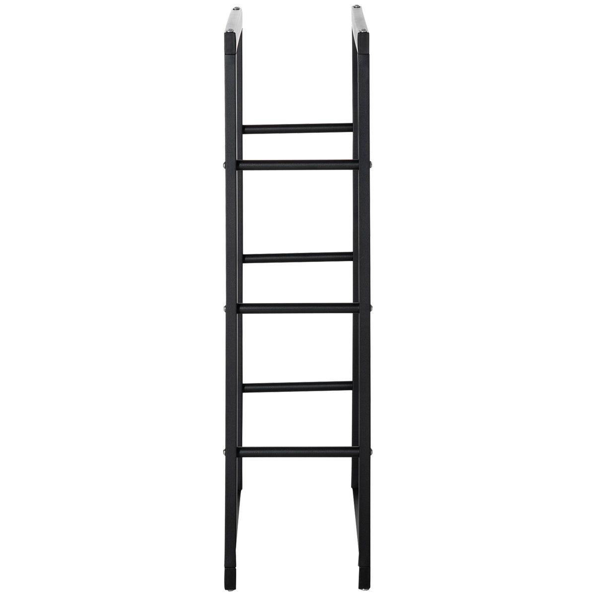 Side view of the tall black metal firewood rack with horizontal support rails.