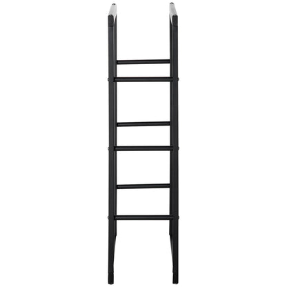 Side view of the tall black metal firewood rack with horizontal support rails.