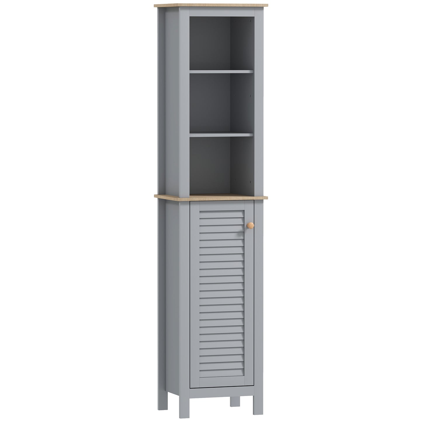Photo of kleankin Bathroom Floor Storage Cabinet with 3 Tier Shelf and Cupboard with Door, Free Standing Linen Tower, Tall Slim Side Organizer Shelves, Grey in Grey colour on a white background