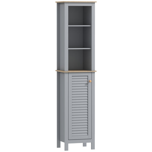 Photo of kleankin Bathroom Floor Storage Cabinet with 3 Tier Shelf and Cupboard with Door, Free Standing Linen Tower, Tall Slim Side Organizer Shelves, Grey in Grey colour on a white background