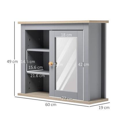 Gray mirror cabinet with open shelves; dimensions shown as 60 cm wide and 49 cm tall