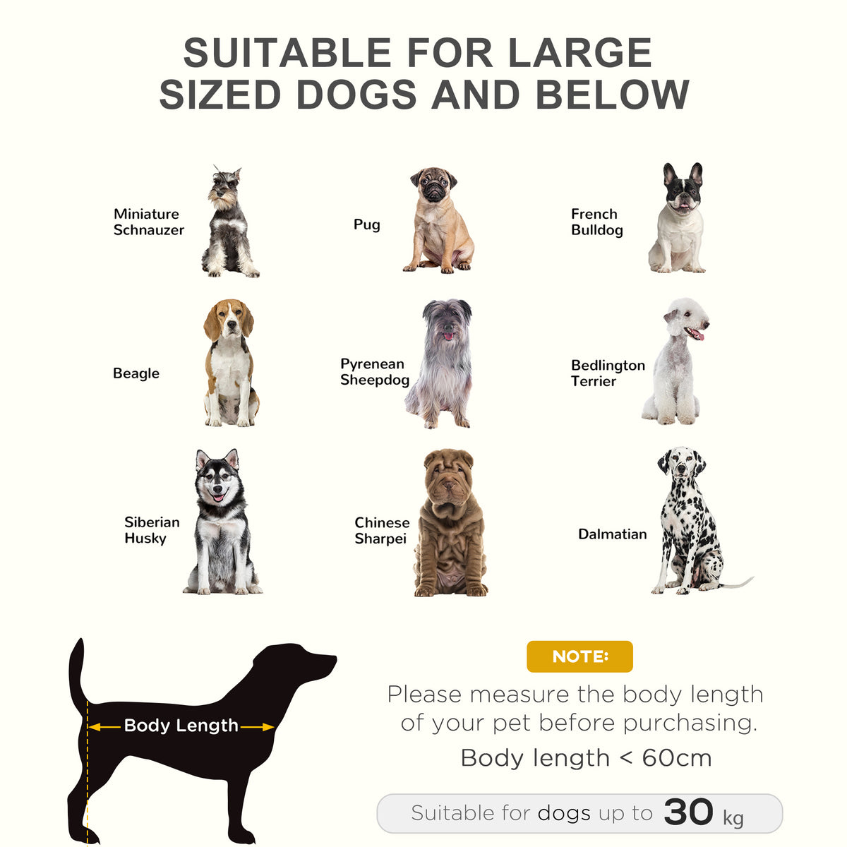 Raised dog cot size guide showing suitable dog breeds and weight limit