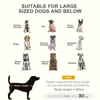 Raised dog cot size guide showing suitable dog breeds and weight limit