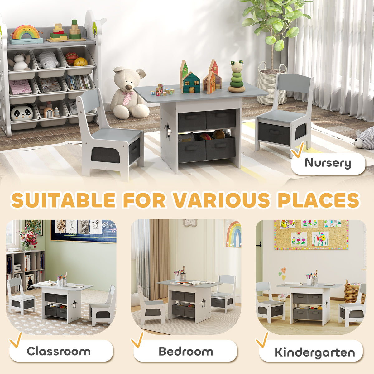 AIYAPLAY Kids Table and Chair Set, Toddler Table and 2 Chairs Set with 6 Removable Drawers, for Boys Girls Ages 3-8, Light Grey