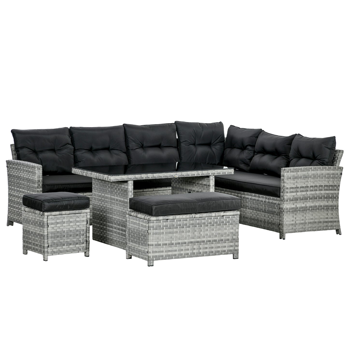 Photo of Outsunny 5-Piece Rattan Patio Furniture Set with Corner Sofa, Footstools, Glass Coffee Table, Cushions, Mixed Grey in Grey colour on a white background