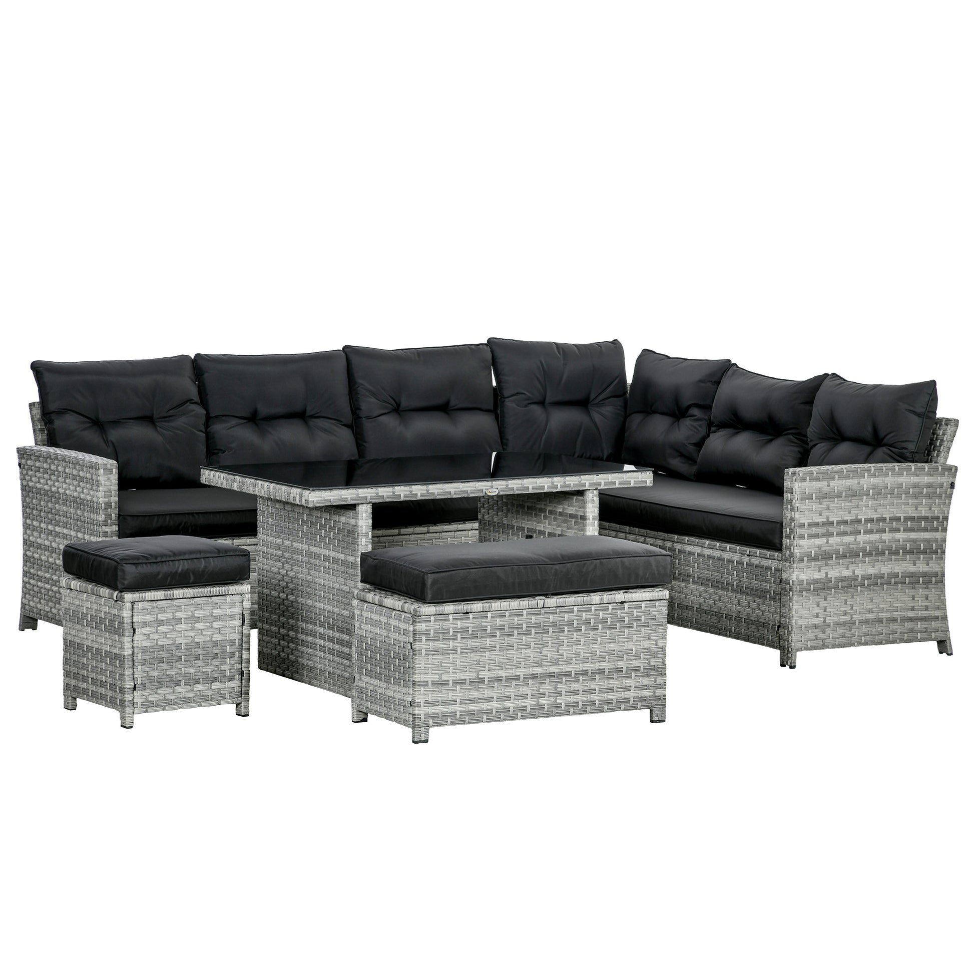 Photo of Outsunny 5-Piece Rattan Patio Furniture Set with Corner Sofa, Footstools, Glass Coffee Table, Cushions, Mixed Grey in Grey colour on a white background