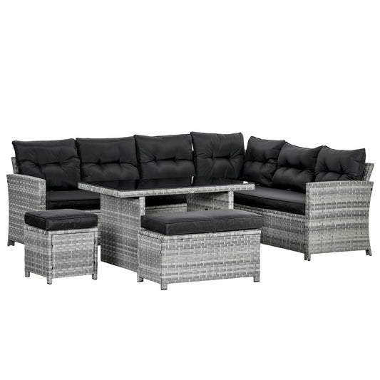 Photo of Outsunny 5-Piece Rattan Patio Furniture Set with Corner Sofa, Footstools, Glass Coffee Table, Cushions, Mixed Grey in Grey colour on a white background