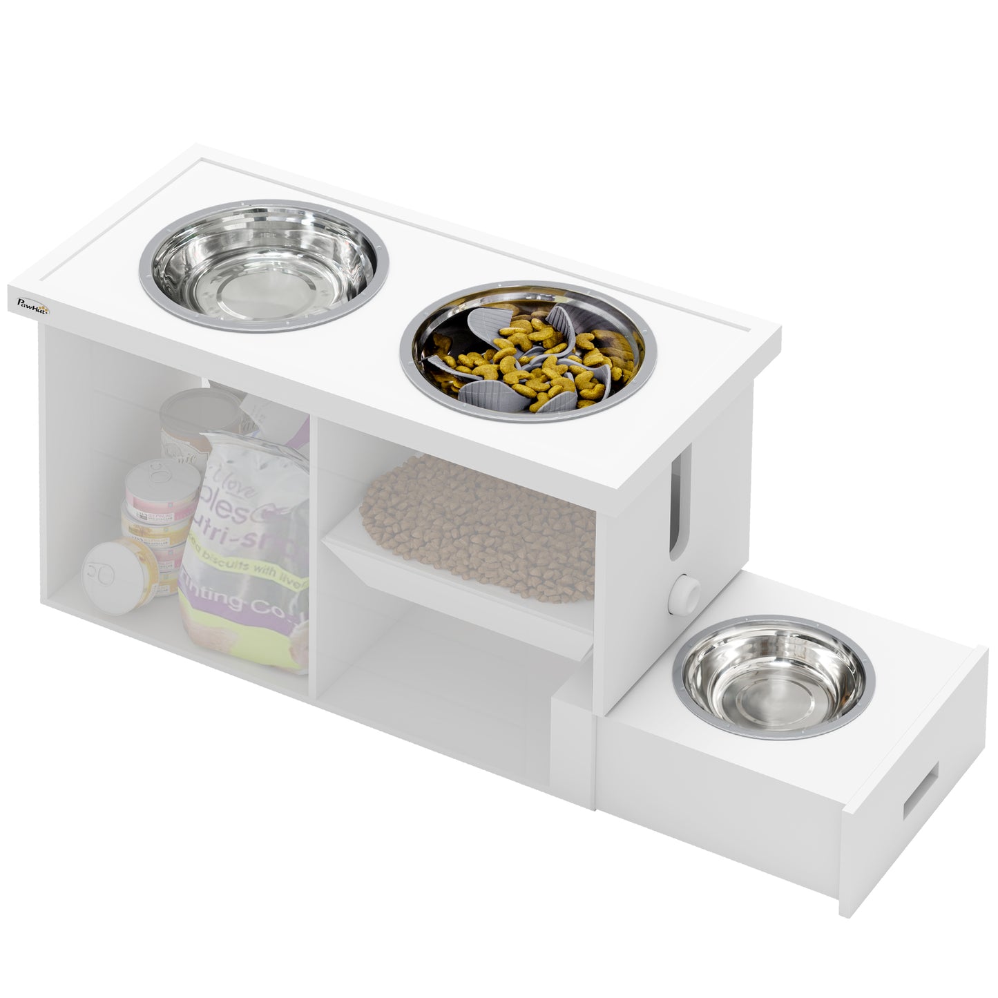 Photo of PawHut Raised Dog Bowls w/ Slow Feeder Mat, Storage Cabinet, Three Stainless Steel Bowls, Semi Auto Dispenser Function, White in White colour on a white background