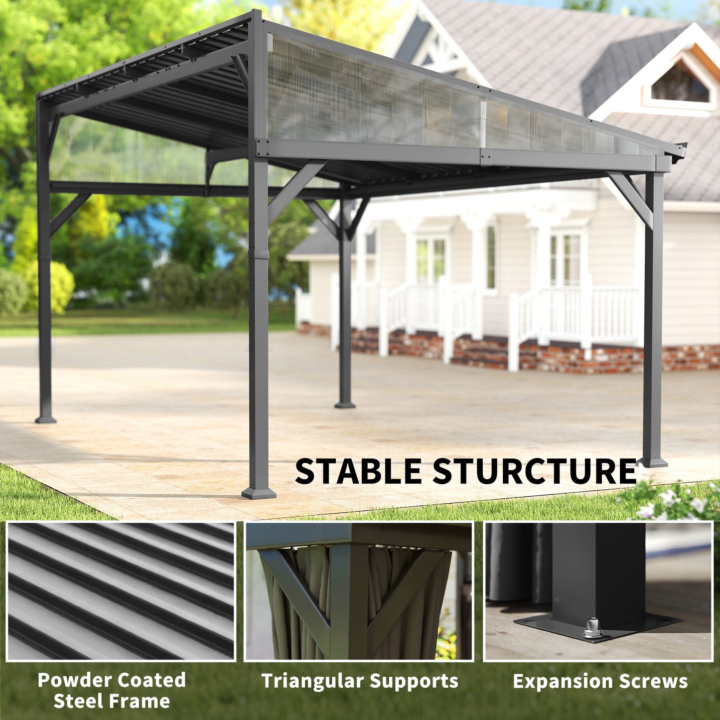Outsunny 4.3 x 3 m Garden Pergola with Galvanised Steel Roof, Lean to Pergola Gazebo with Netting Curtains, Dark Grey