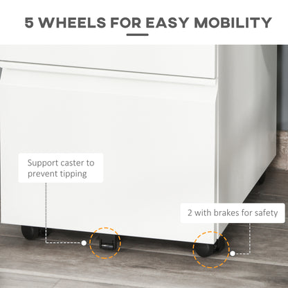 White filing cabinet base with five caster wheels, including two locking wheels and an anti-tip support.