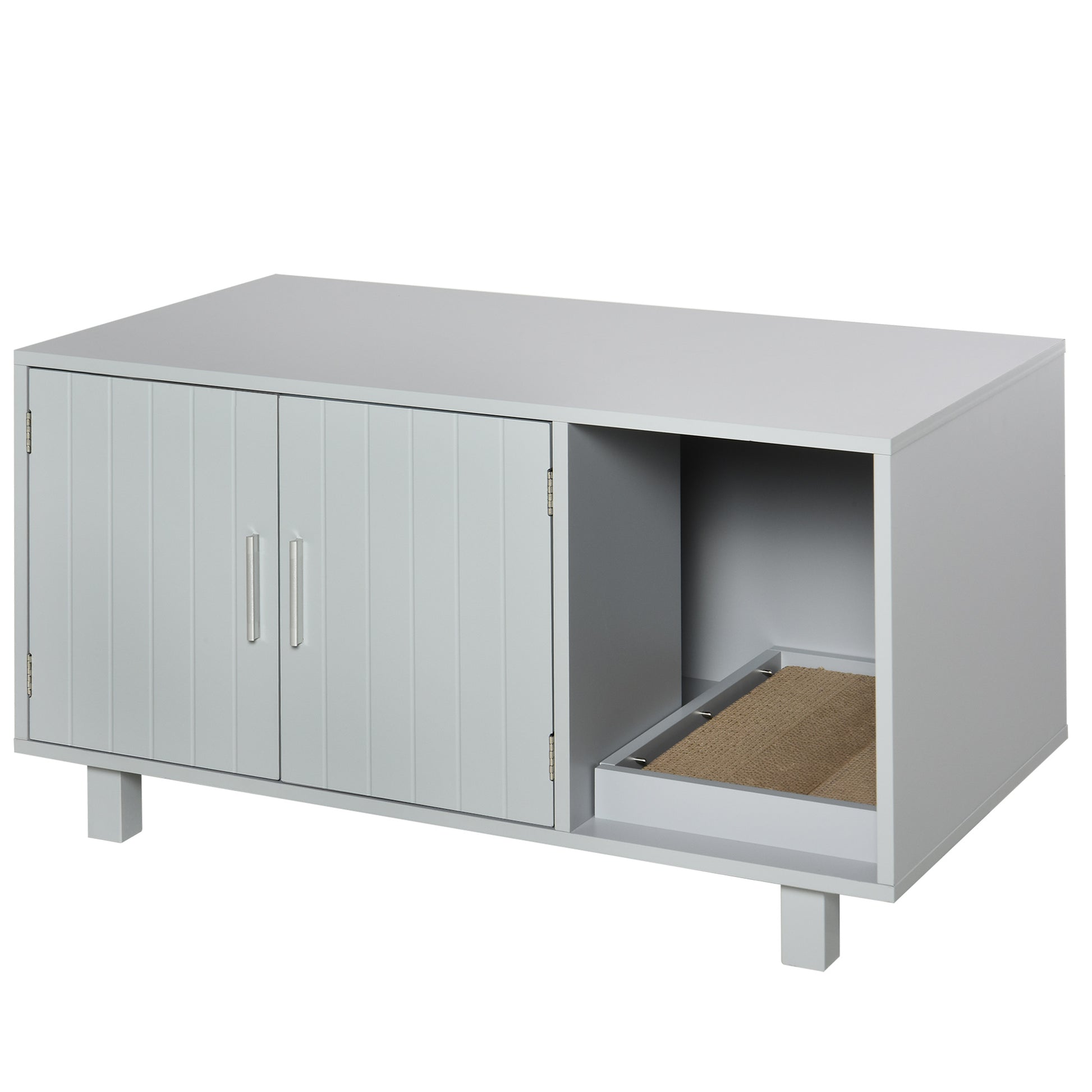 Photo of PawHut Wooden Cat Litter Box Enclosure & House with Nightstand/End Table Design, Scratcher, & Magnetic Doors, Grey in Grey colour on a white background