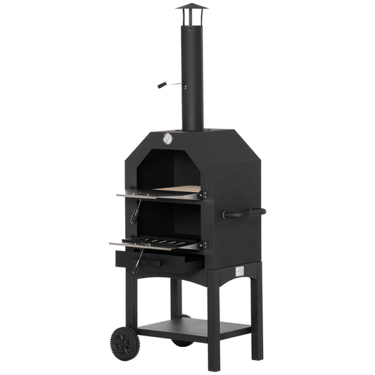 Photo of Outsunny Outdoor Garden Pizza Oven Charcoal BBQ Grill 3-Tier Freestanding w/ Chimney, Mesh Shelf, Thermometer Handles, Wheels Garden Party Gathering Stainless Steel Cooker in Cooker colour on a white background