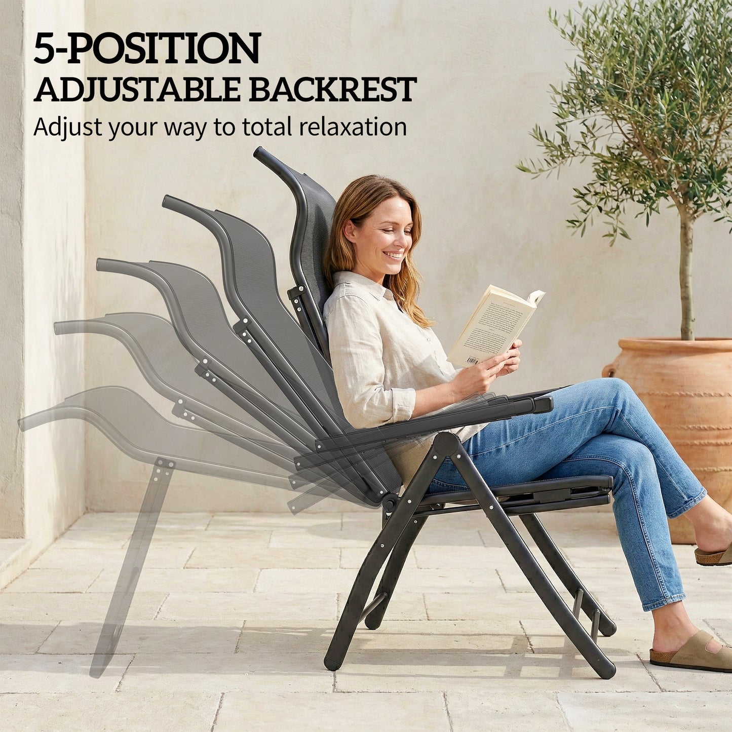Outsunny Reclining Garden Chairs Set of 2 with High Back, Retractable Footrest, Dark Grey