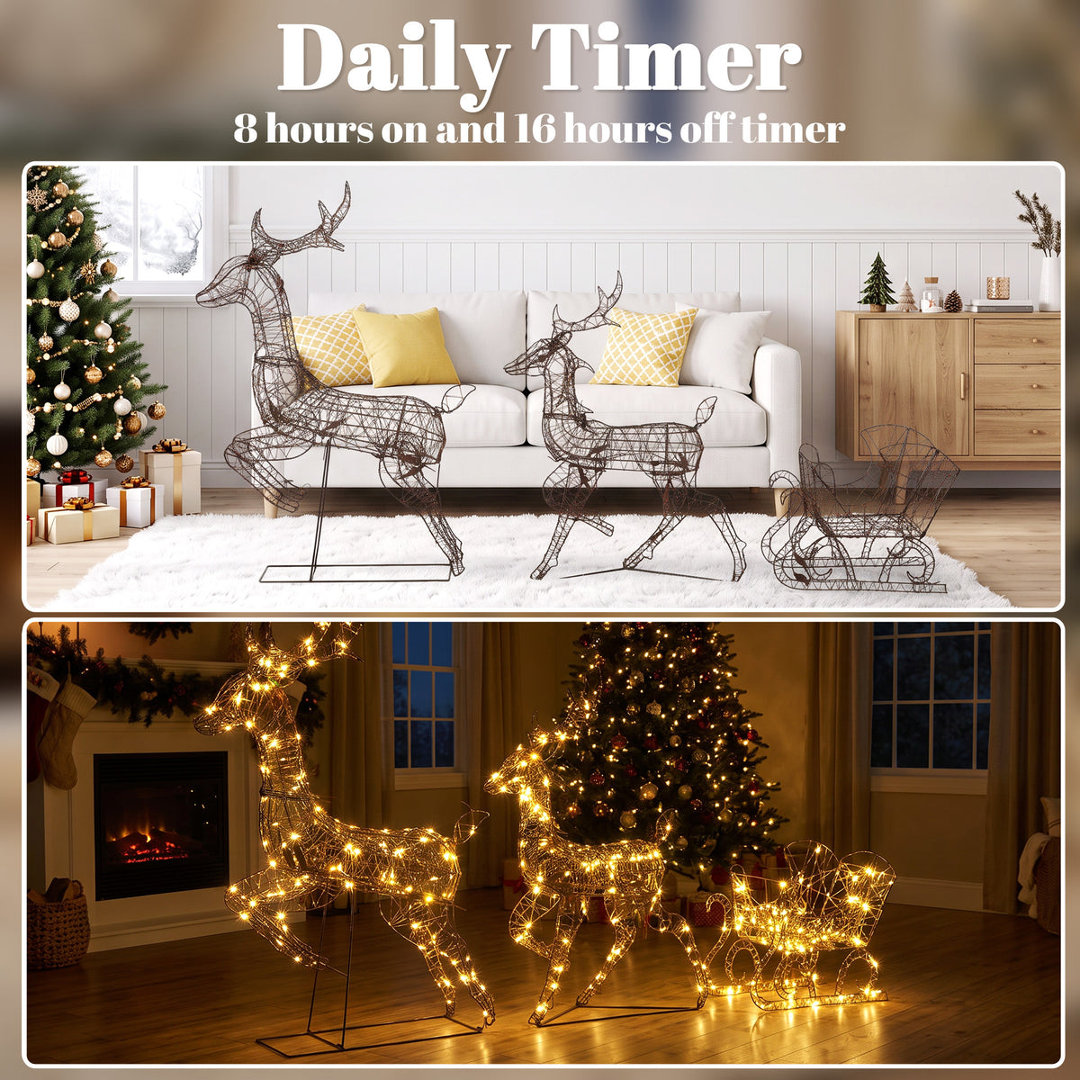 Outsunny 3-Piece Lighted Reindeer and Sleigh Set, PP Rattan Outdoor Christmas Decoration with LEDs, 8 Modes, Daily Timer