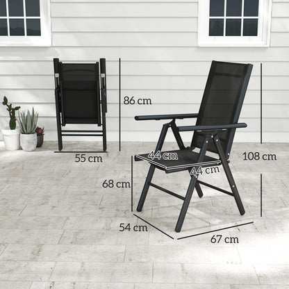 Outsunny black folding garden chair shown from front and side with dimensions
