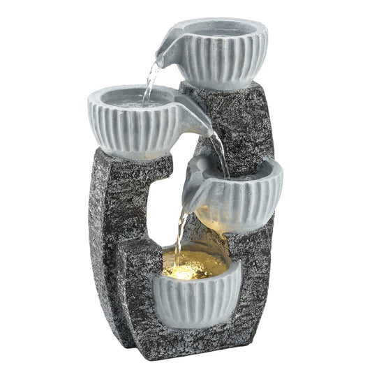 Photo of Outsunny 4-Tier Bowl Water Feature, Indoor Outdoor Garden Water Fountain with Pump and LED Lights, Resin Cascading Waterfall in Waterfall colour on a white background