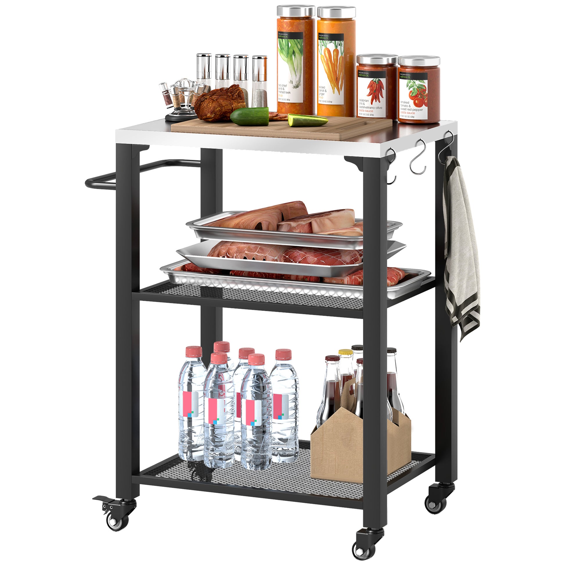 Photo of Outsunny Three-Shelf Outdoor Grill Cart with Stainless Steel Top, Outdoor Kitchen Island with 4 Wheels, 3 Hooks, Movable Food Prep Barbecue Pizza Oven Table for Kitchen, Garden, 65.5 x 41 x 79 cm in cm colour on a white background