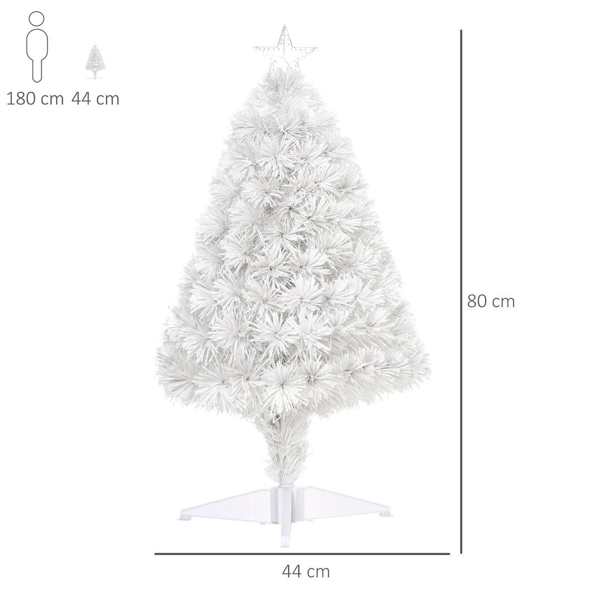 White tabletop Christmas tree with star topper, 80 cm tall and 44 cm wide.
