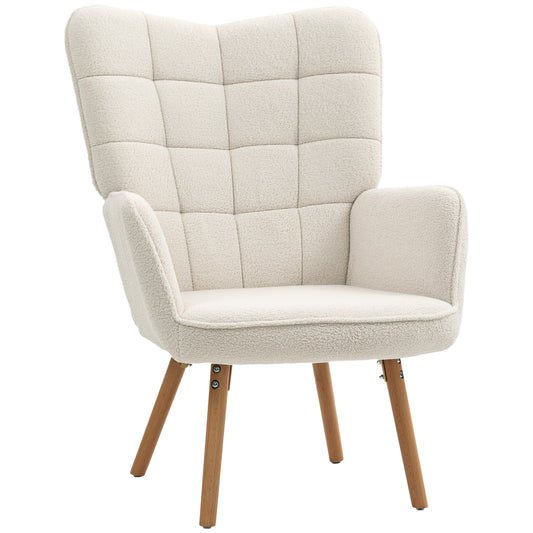 Photo of HOMCOM Modern Accent Chair, Upholstered High Back Armchair with Tufted Wingback, Seat Padding, Teddy Fleece Leisure Lounge Bedroom Chair with Wood Legs, Cream White in White colour on a white background
