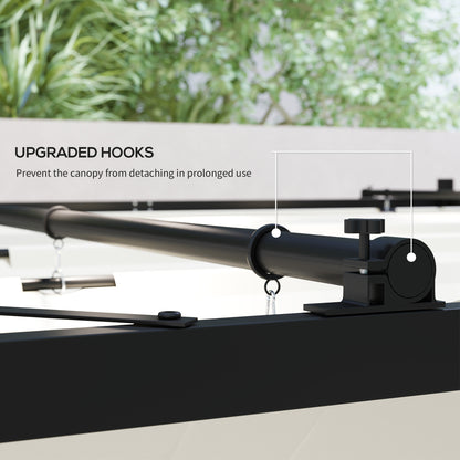 Metal pergola canopy rail with upgraded hook and roller mechanism