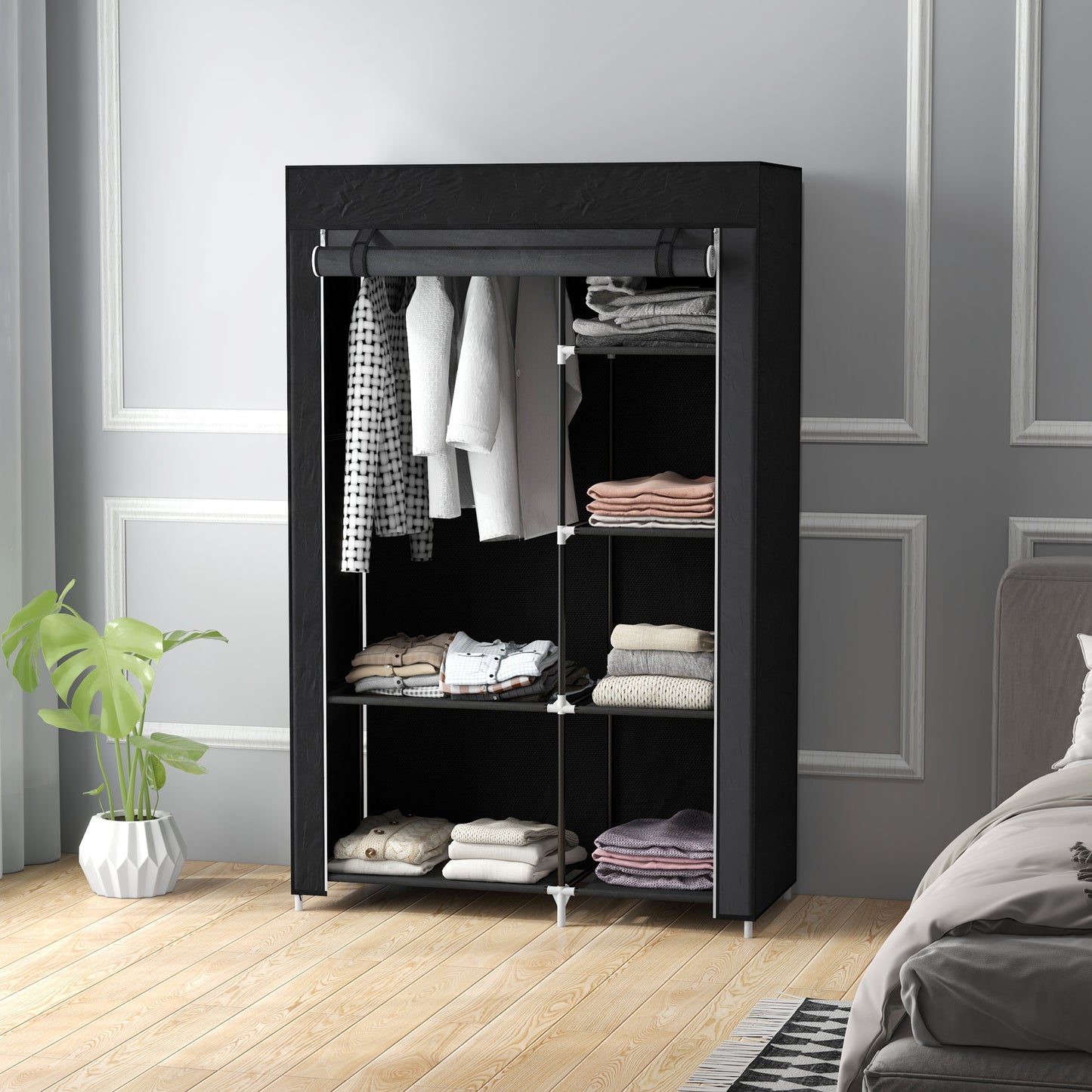 HOMCOM Fabric Wardrobe w/ Shelves Hanging Rail Foldable Wardrobe Black