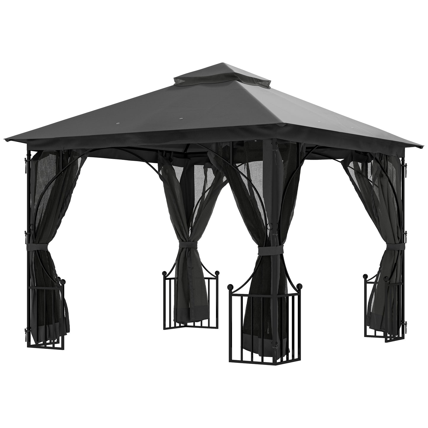 Photo of Outsunny 3 x 3m Garden Gazebo Patio Party Tent Shelter Outdoor Canopy Double Tier Sun Shade with Metal Frame and Netting, Dark Grey in Grey colour on a white background