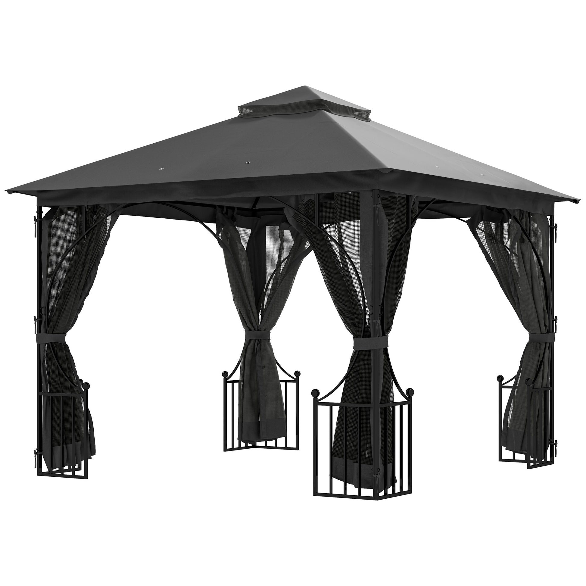 Photo of Outsunny 3 x 3m Garden Gazebo Patio Party Tent Shelter Outdoor Canopy Double Tier Sun Shade with Metal Frame and Netting, Dark Grey in Grey colour on a white background