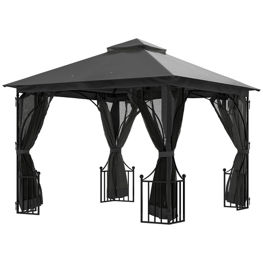 Photo of Outsunny 3 x 3m Garden Gazebo Patio Party Tent Shelter Outdoor Canopy Double Tier Sun Shade with Metal Frame and Netting, Dark Grey in Grey colour on a white background