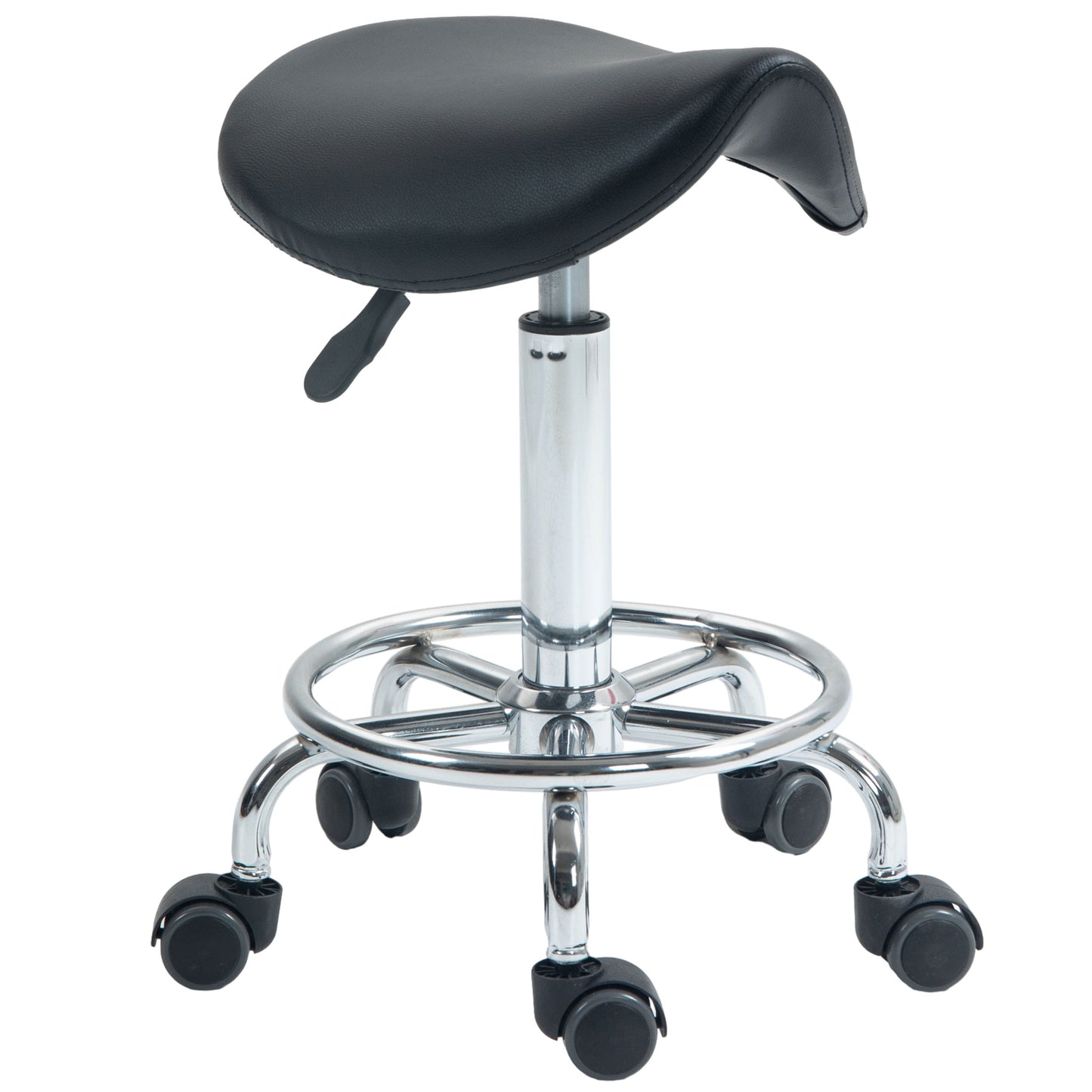 Photo of HOMCOM Salon Saddle Stool, Rolling Saddle Chair for Massage, Spa, Clinic, Beauty, Hairdressing and Tattoo, Black in Black colour on a white background