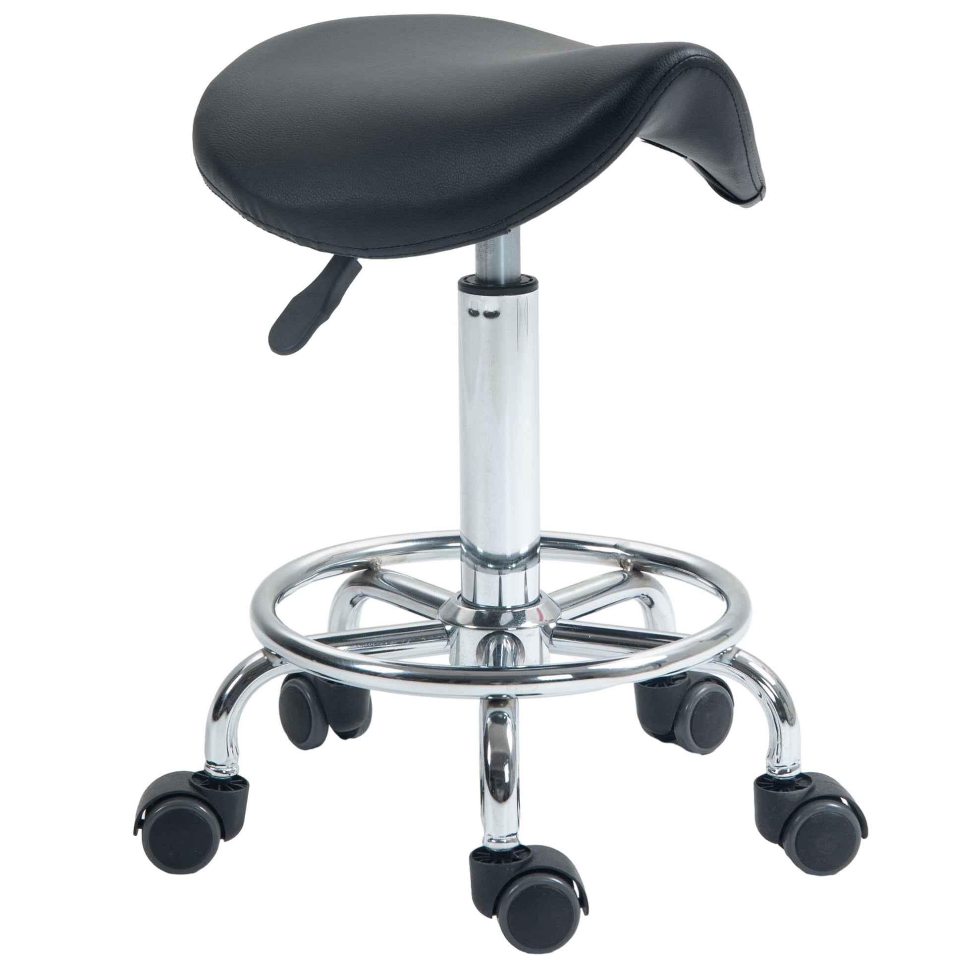 Photo of HOMCOM Salon Saddle Stool, Rolling Saddle Chair for Massage, Spa, Clinic, Beauty, Hairdressing and Tattoo, Black in Black colour on a white background