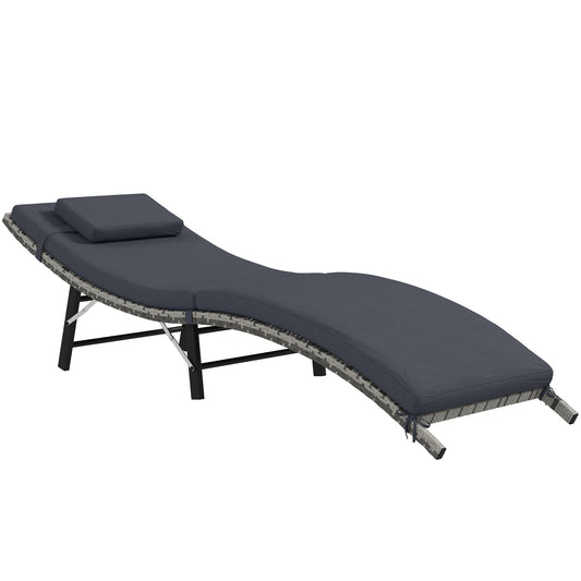 Photo of Outsunny Rattan Folding Sun Lounger Outdoor Chair with Cushion and Pillow Grey in Grey colour on a white background
