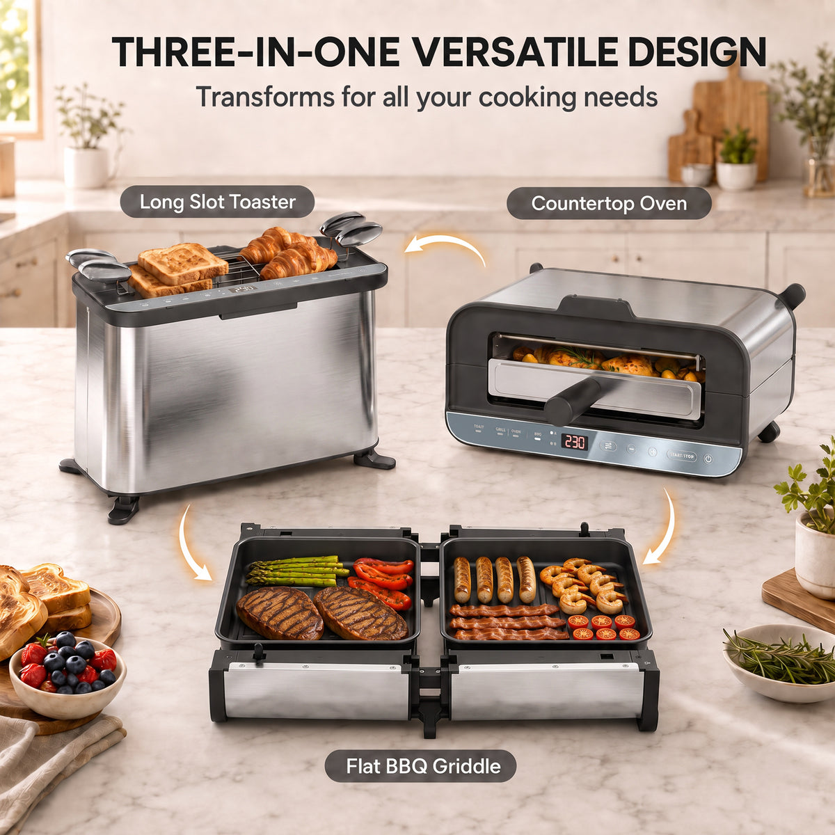 HOMCOM 3-in-1 Electric Mini Oven, Long Slot Toaster and Tabletop Grill, with LED Display, 60 Min Timer, Stainless Steel, 1700W