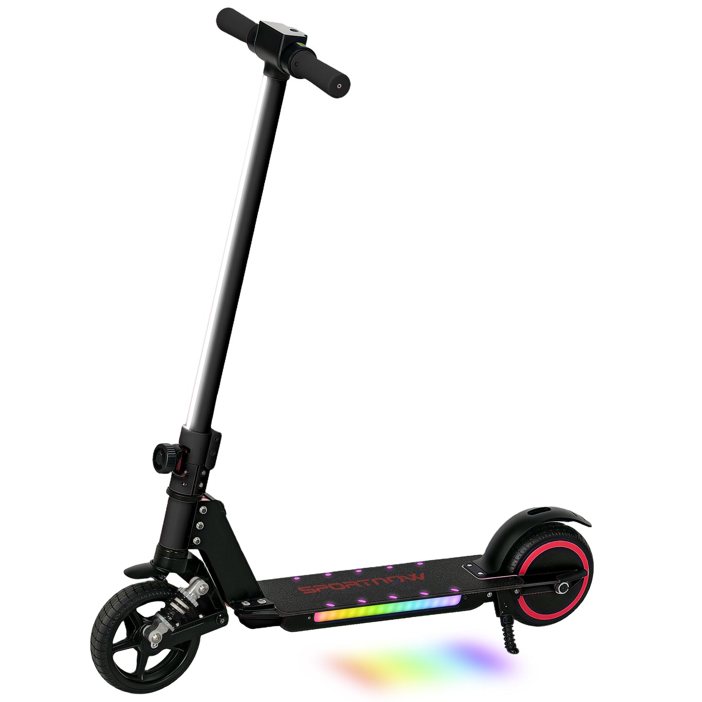 Photo of SPORTNOW Folding Electric Scooter for Kids, with Dual Brakes, Front Suspension, LED Colourful Lights, Black in Black colour on a white background